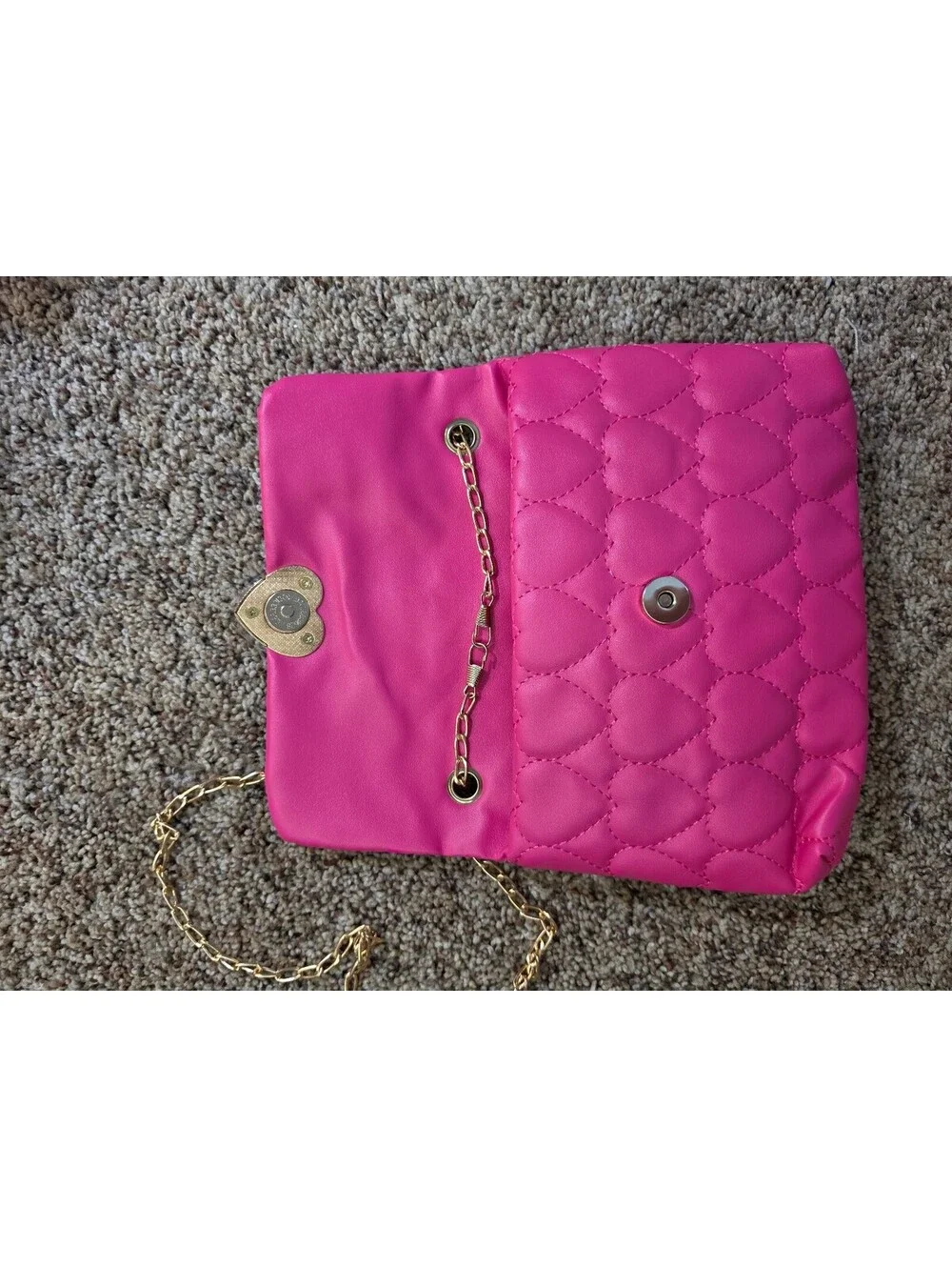 Pink Faux Leather Quilted Heart Pattern Crossbody Bag with Gold Heart Clasp